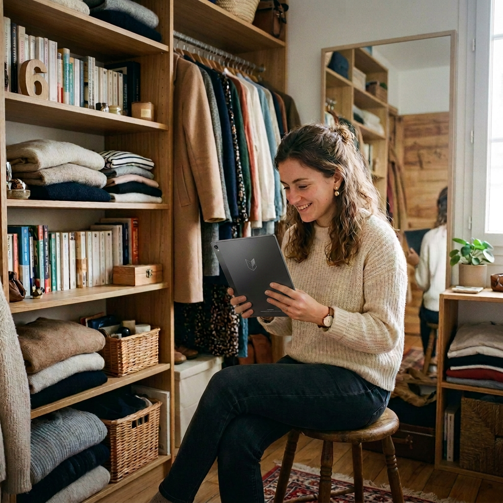 Montrer le dos de la tablette tenue par la femme